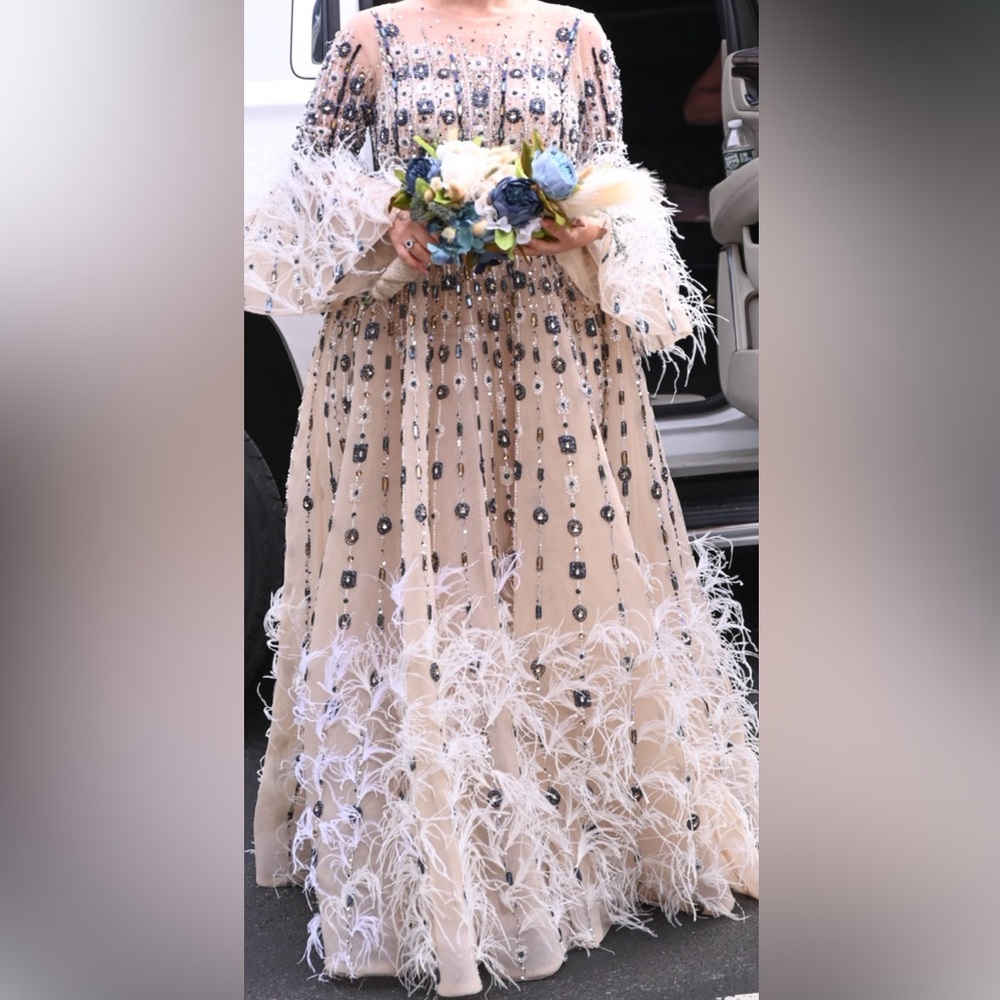 Cream Sequin Embellished Long Sleeve Gown - Picture 5 of 9